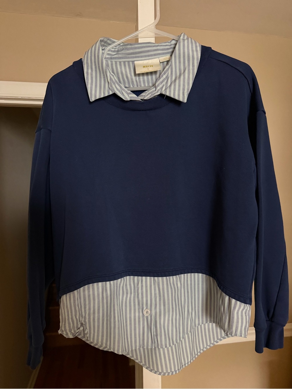 Anthropologie Navy Sweatshirt with Blue-Striped Shirt Panel